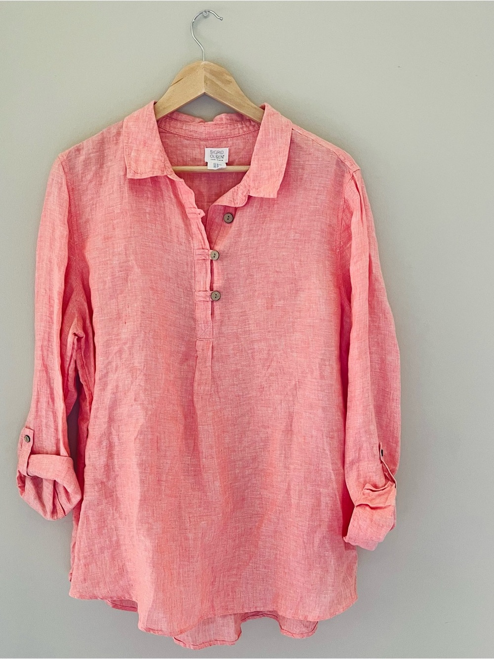 Sigrid Olsen Linen Tunic Women's XL Collared Popover Top Button Roll Tab Peach